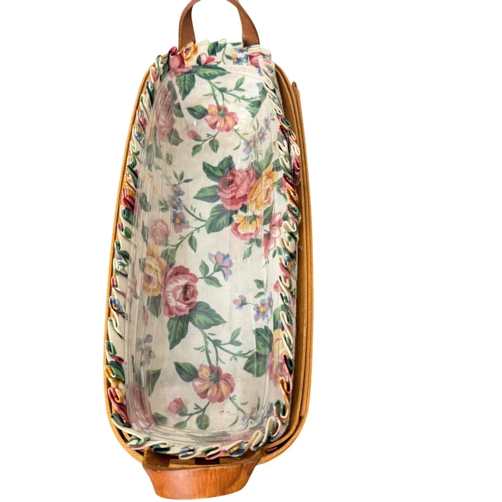 Longaberger 1994 Cracker Basket Floral Liner Plastic Protector Leather Handle